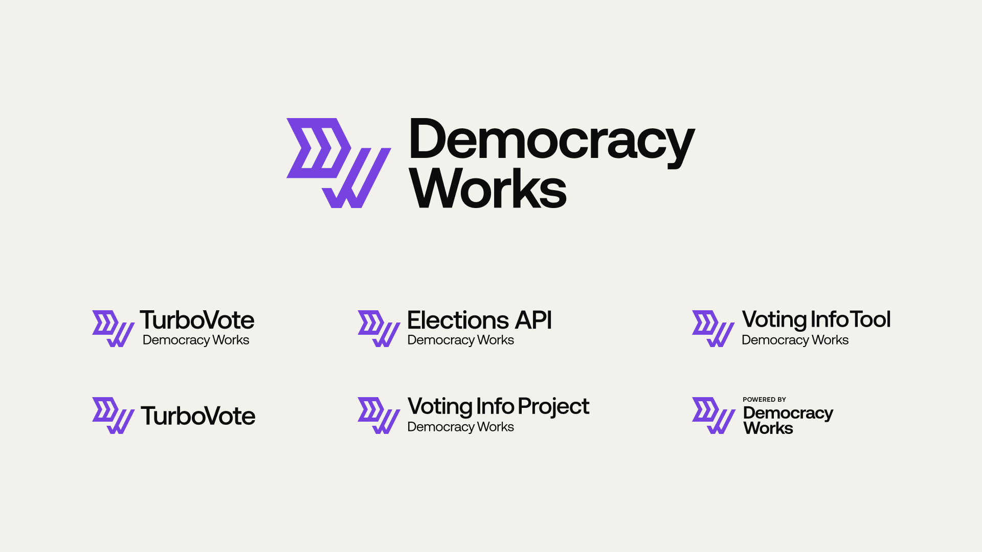 Democracy Works master logo with sub-brand lockups for TurboVote, Elections API, Voting Info Tool, and Voting Info Project