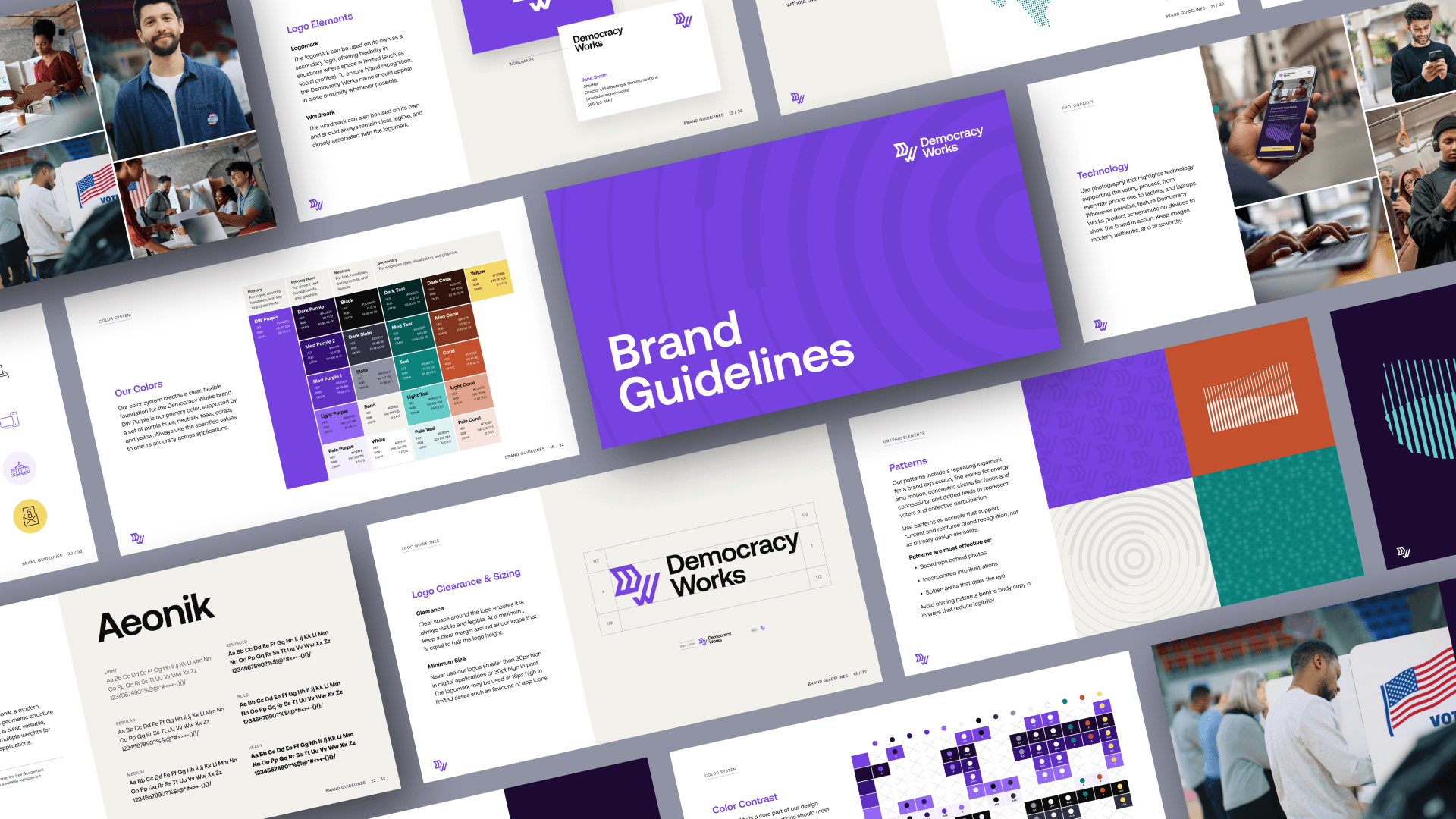 Democracy Works brand guidelines spreads arranged at an angle, showing logo usage, typography, color, and photography