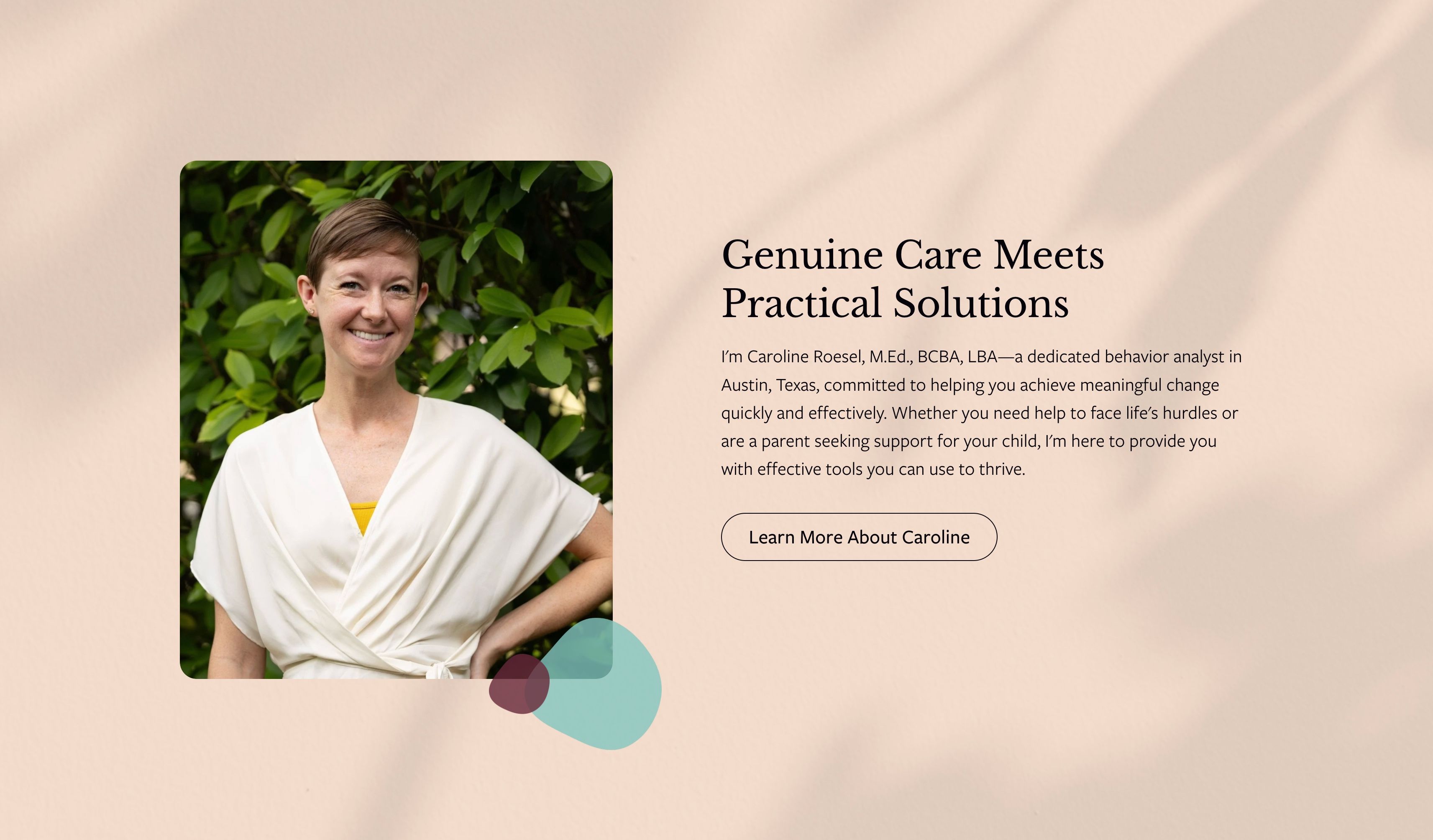 Caroline Roesel Behavioral Health website — about section with Caroline's photo and headline 'Genuine Care Meets Practical Solutions'